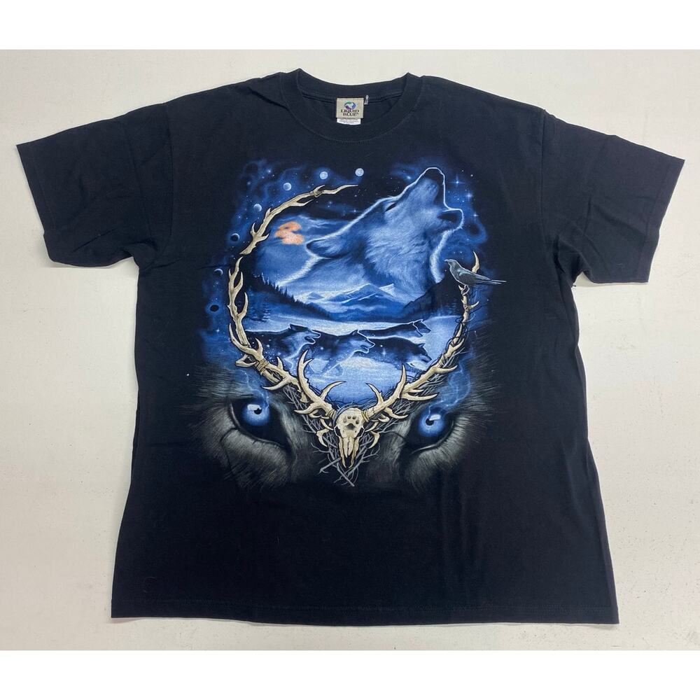 VTG Y2K 2007 Liquid Blue howling wolf tribal double sided graphic t-shirt XL